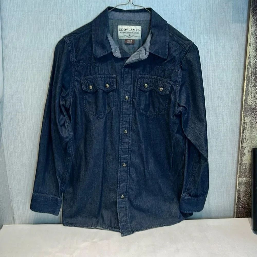 Cody James Boys Snap Button Dark Wash Denim Shirt Size Large Chambray Long Sleev